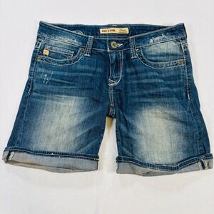 Big Star Sweet Ultra-Low Rise Denim Shorts Womens 28 Blue Distressed Cuffed Y2K